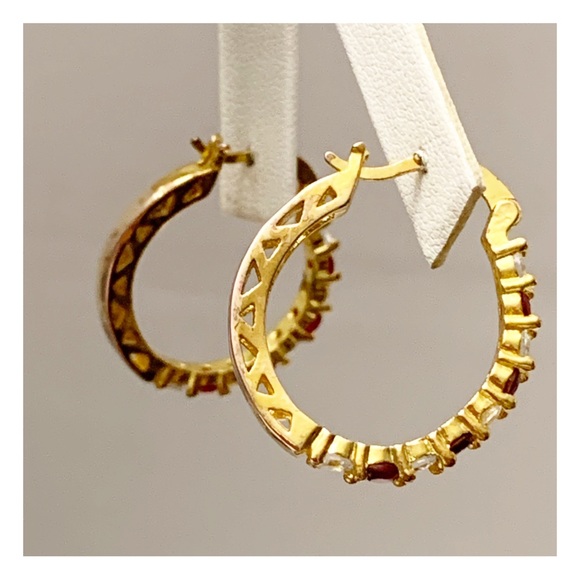 Gold tone hoop earrings with red and clear stones - Picture 11 of 11